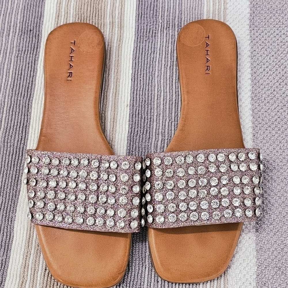 Tahari Pink & Gemstone Slide Sandals Flats - Picture 2 of 5